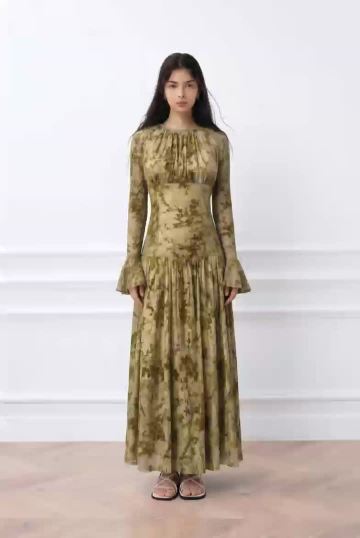 Flowy Yellow-Green Floral Maxi Dress