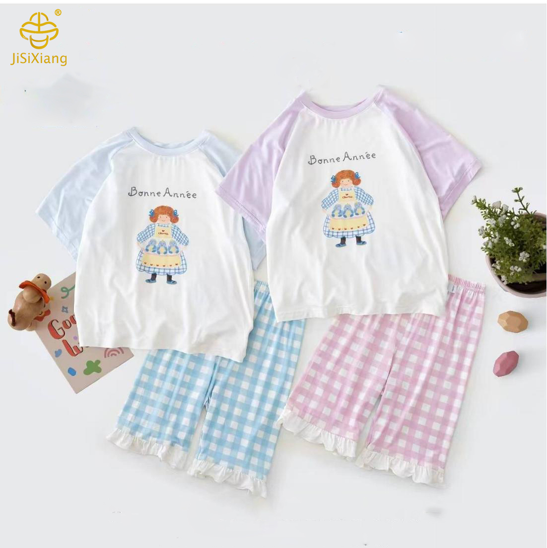 어린이 만화 래글런 슬리브 스트라이프 프린트 반팔 세트