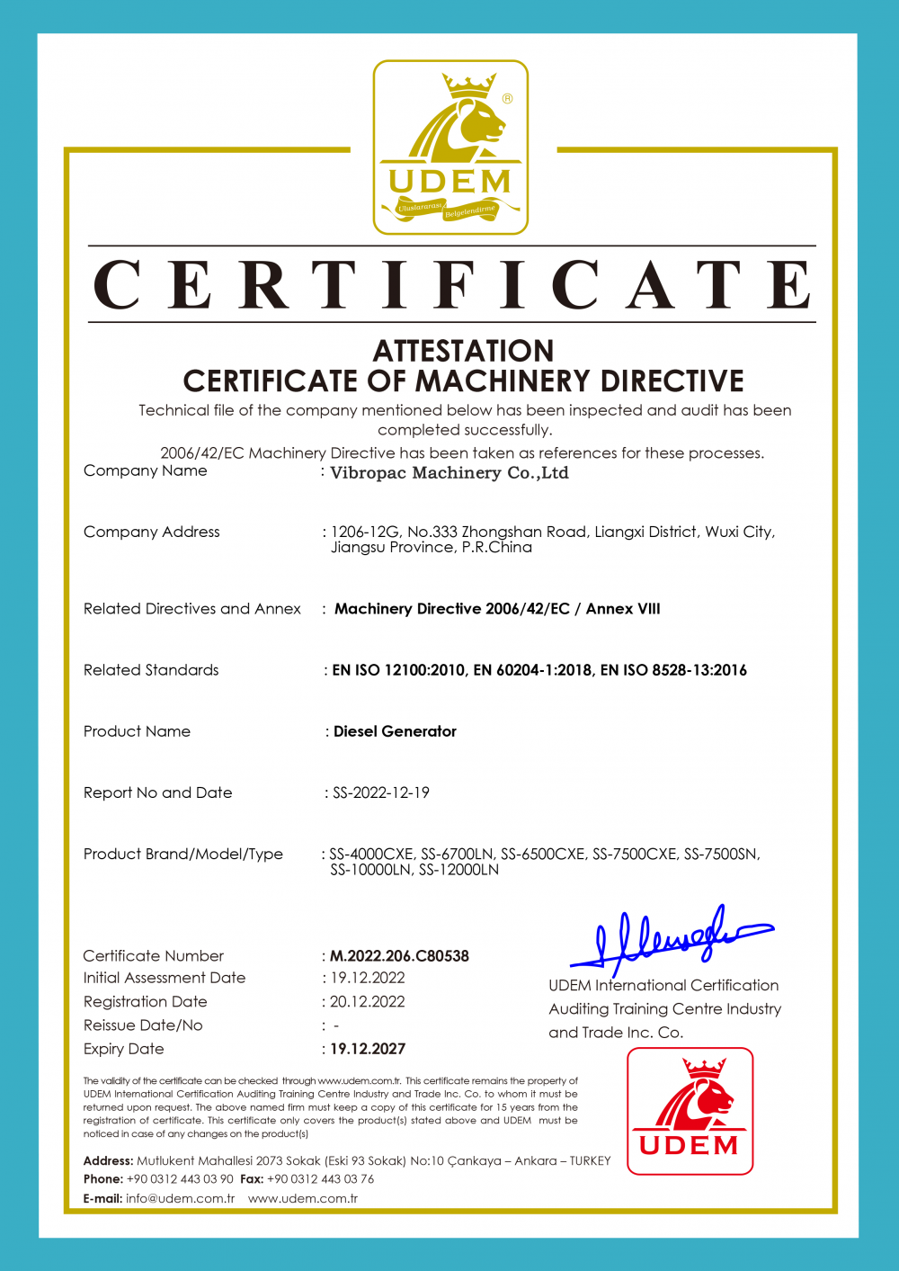 ATTESTATION CERTIFICATE OF MACHINERY DIRECTIVE