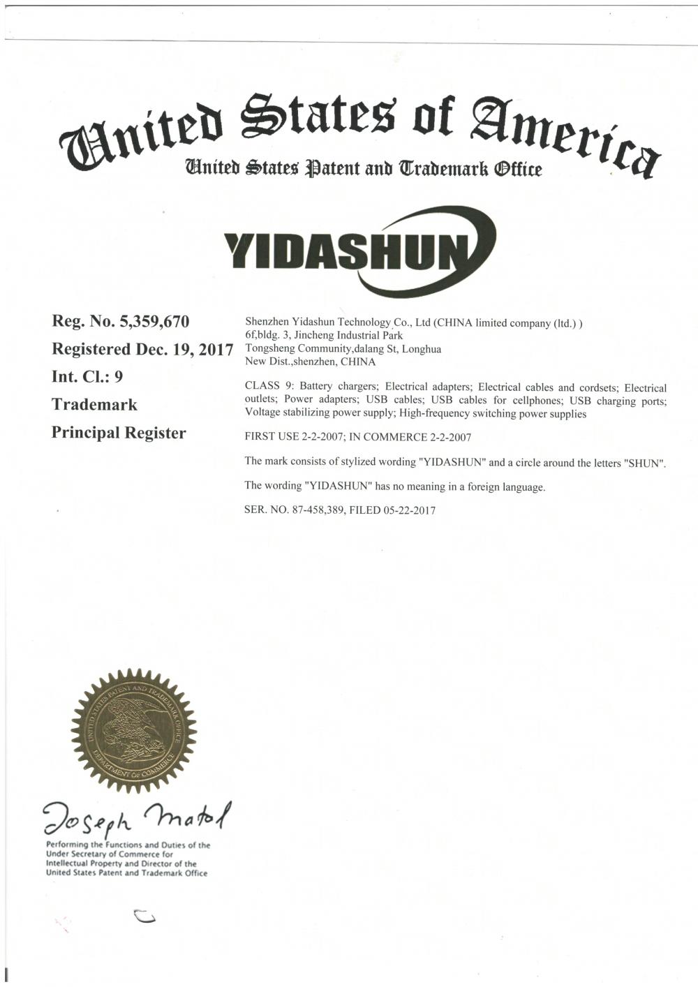 YIDASHUN USA Certificate of Trademak Registration