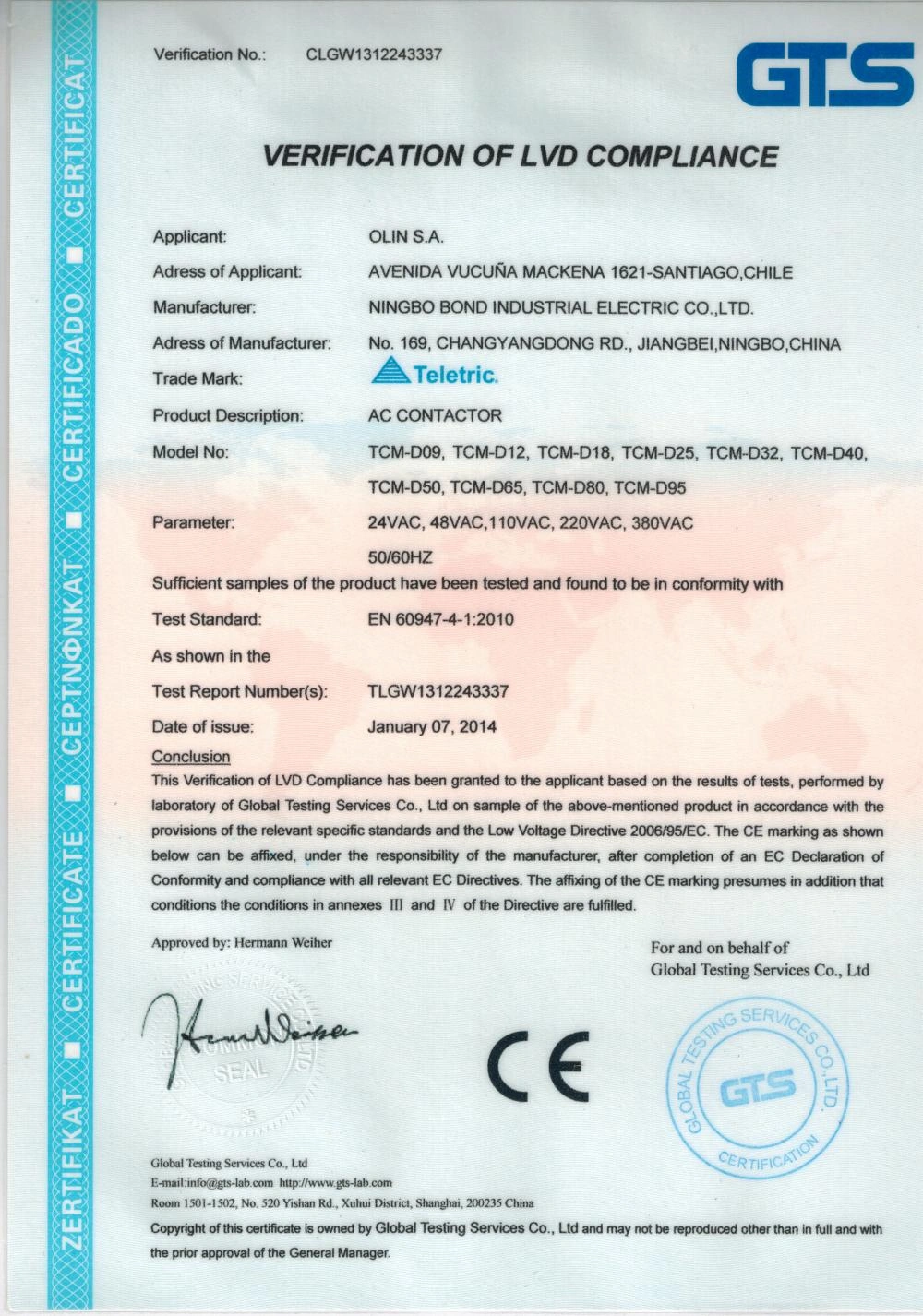 CE Certificate for AC Contactor