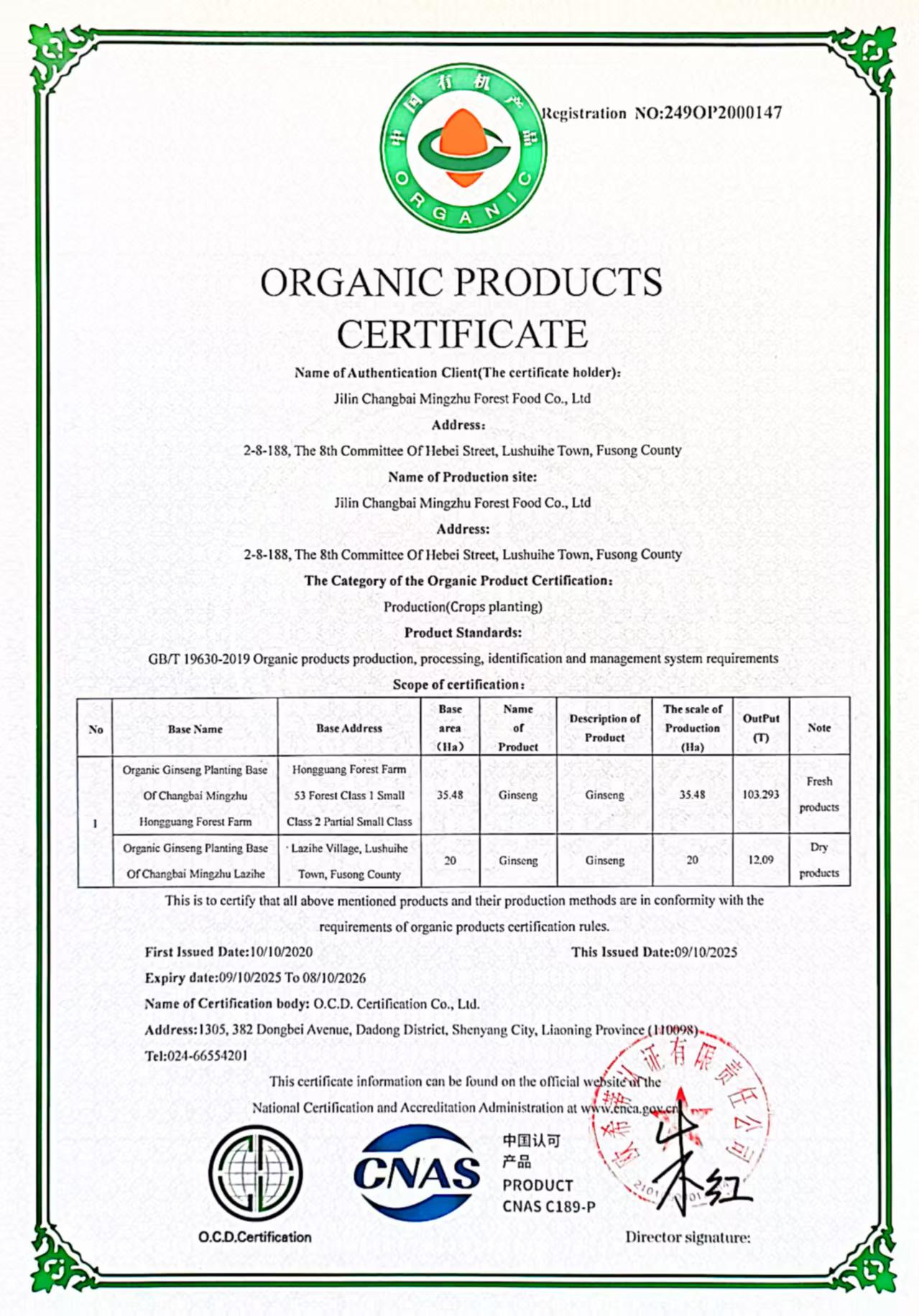 ORGANIC PRODUCTS CERTIFICATE