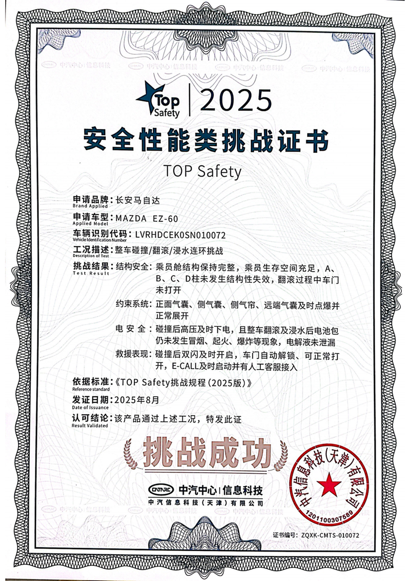 Top Safety Collision Challenge Certificate