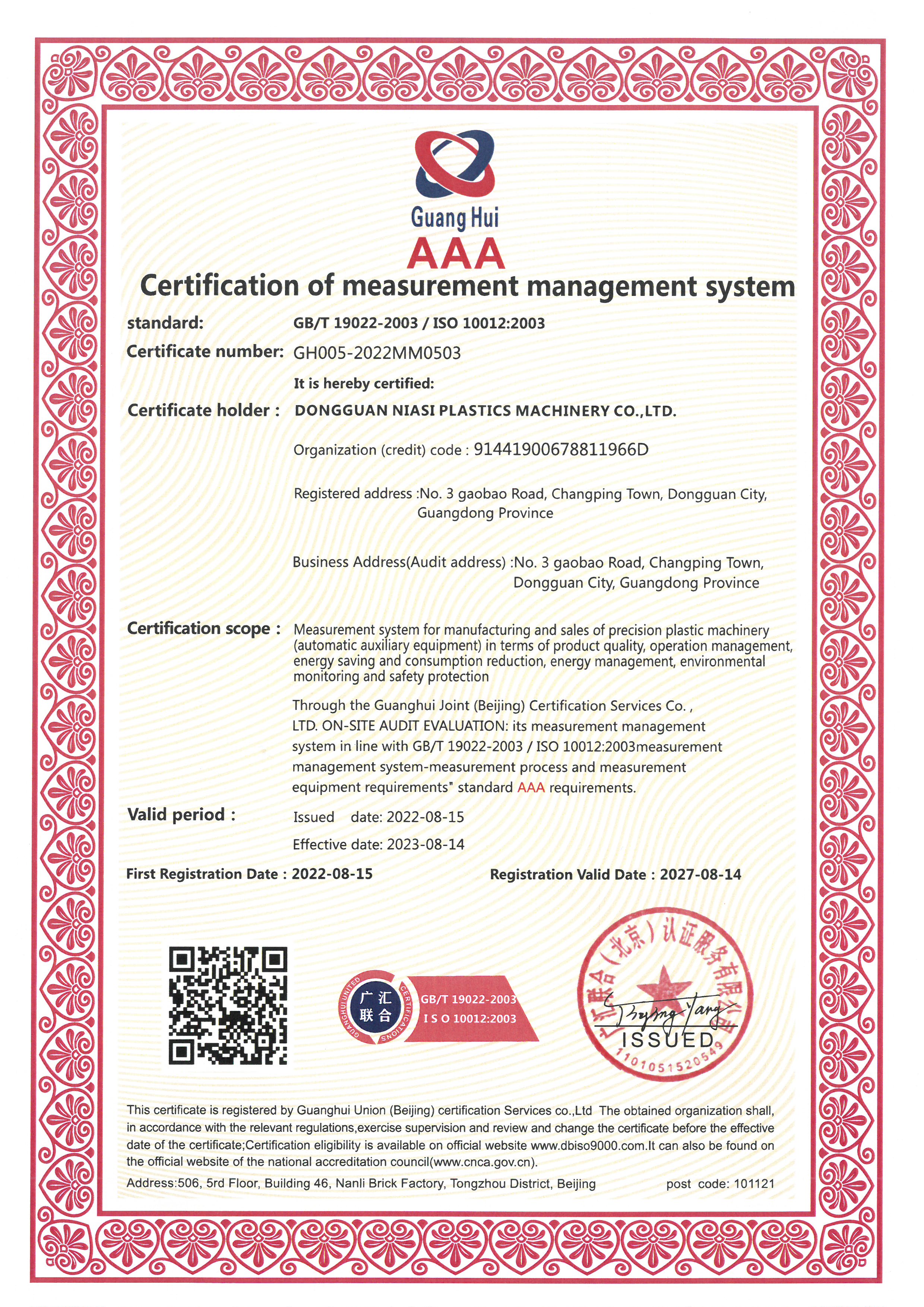 Certification of measurement management system