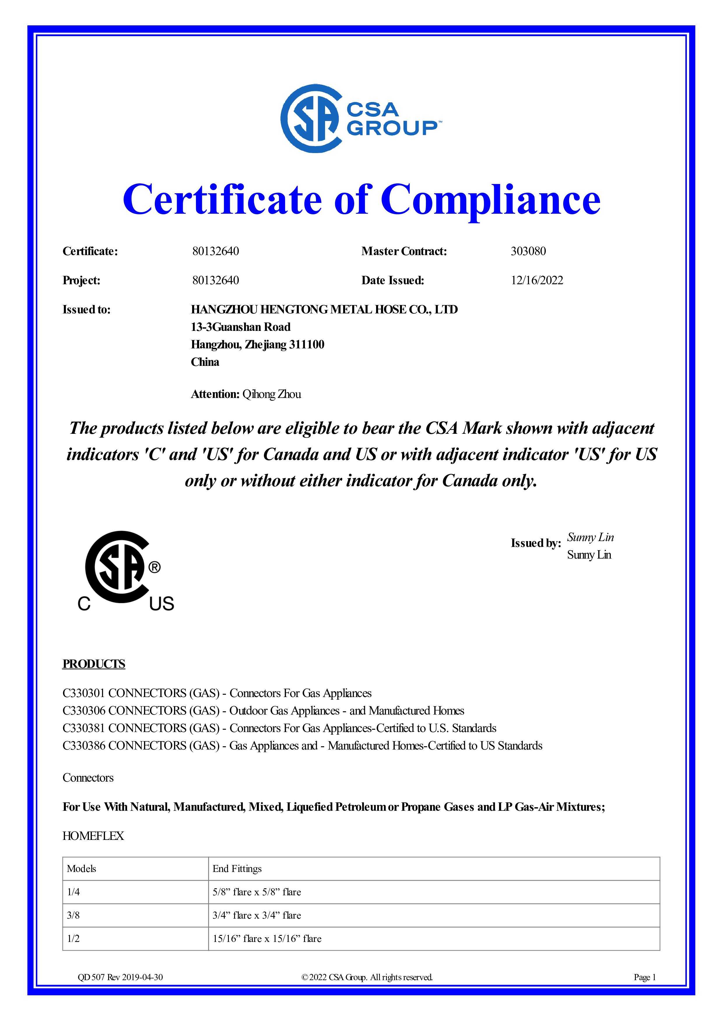 CSA Certification Certificate