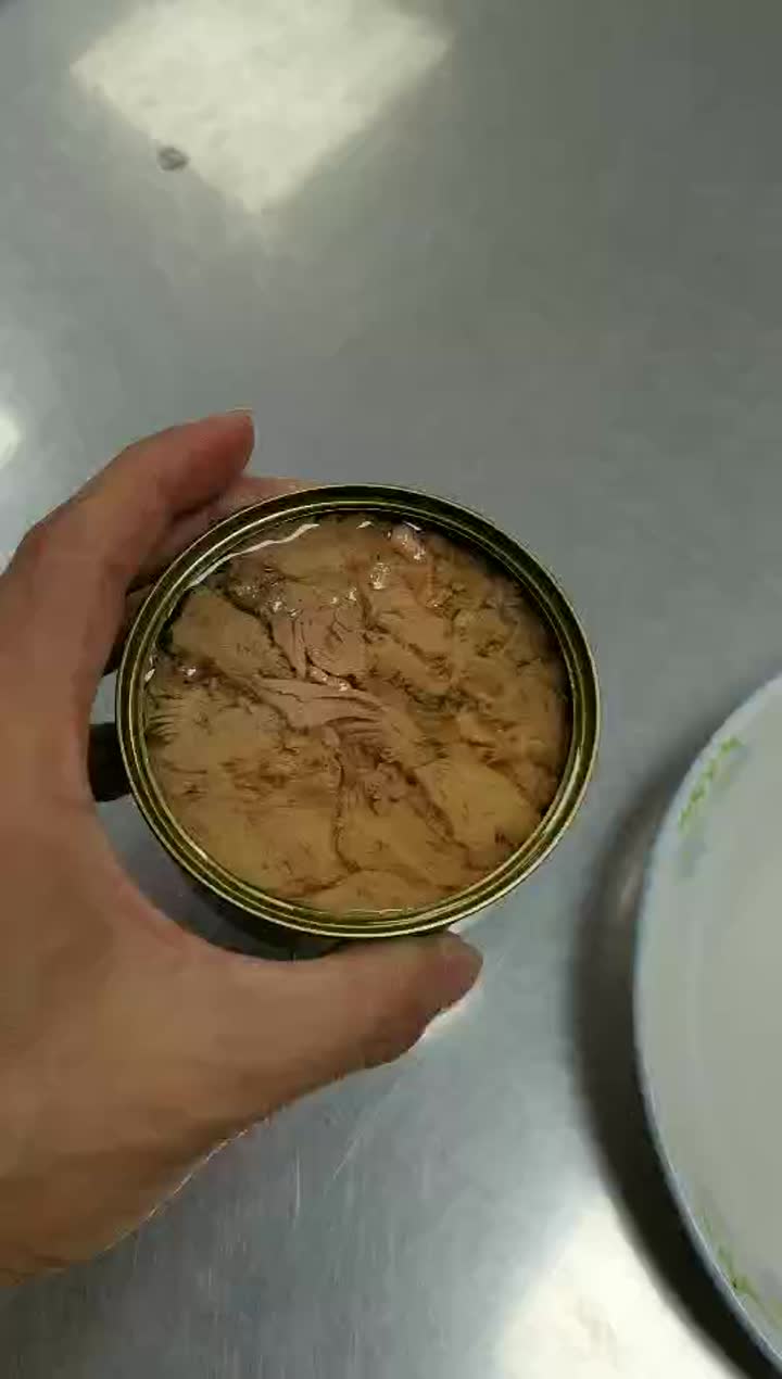 Pedaço de atum enlatado em óleo vegetal.mp4