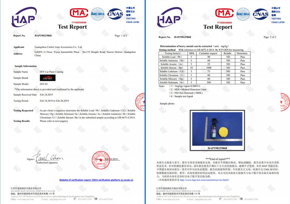 Car Paint Ceramic Coating Test Report