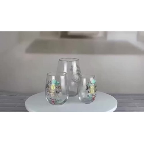 personalized clear stemless wine glass set Christmas design