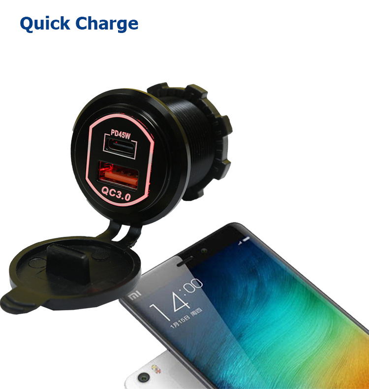 Car Dual USB/TYPEC Quick charger, 12~24V input. QC3.0/PD45W