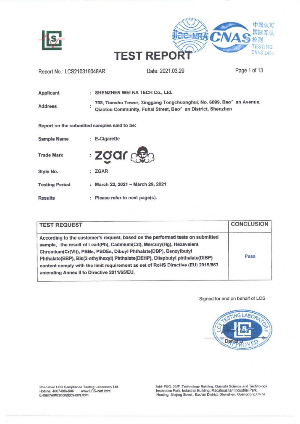 electronic cigarette ROSH 2.0 report