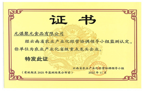 Provincial Key Leading Enterprise of Agricultural Industrialization Certificate