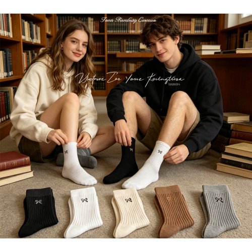 جوارب قطنية مضلعة قابلة للتنفس مع تطريز فيونكة للطلاب