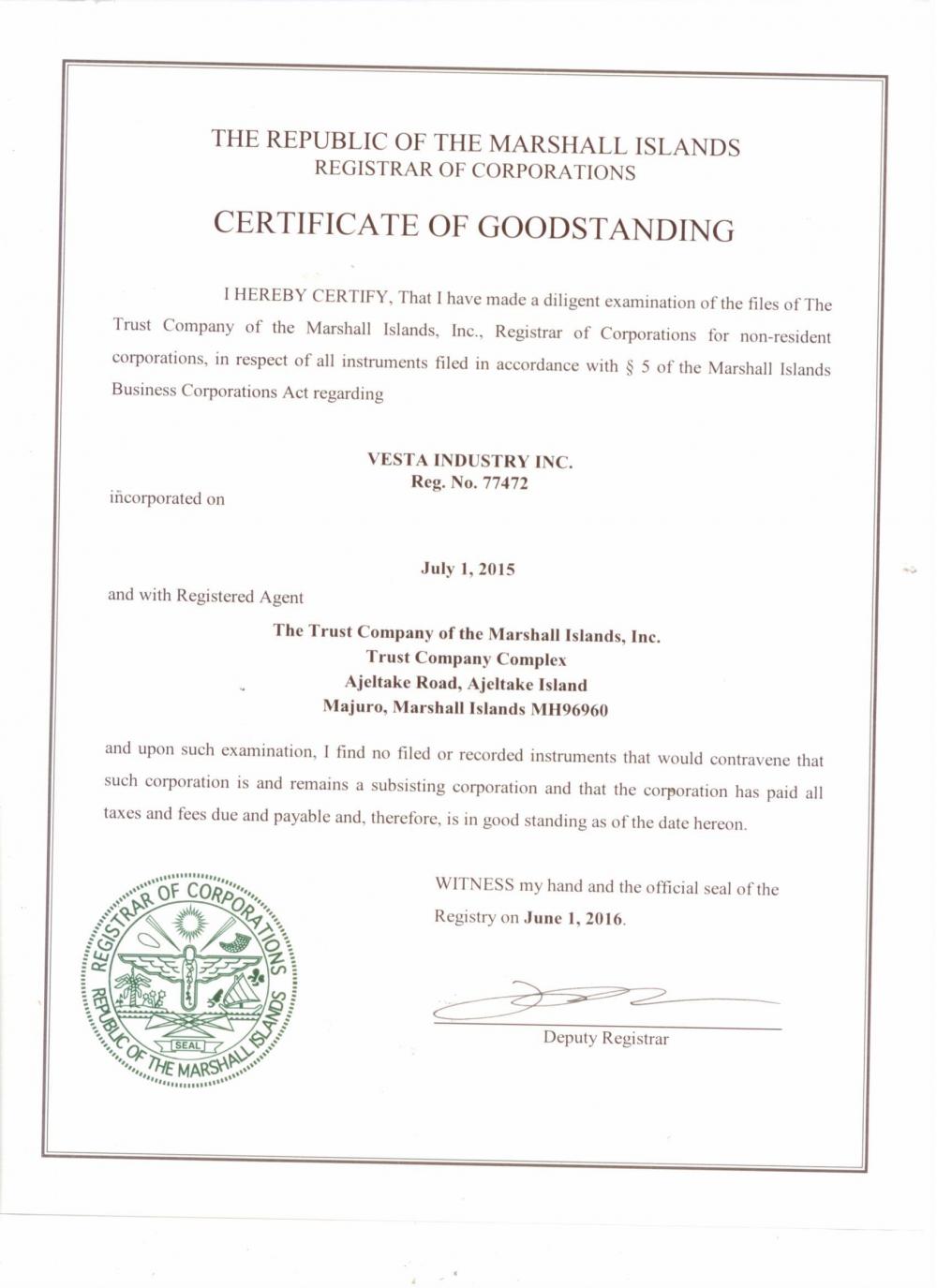 Goodstanding Certificate