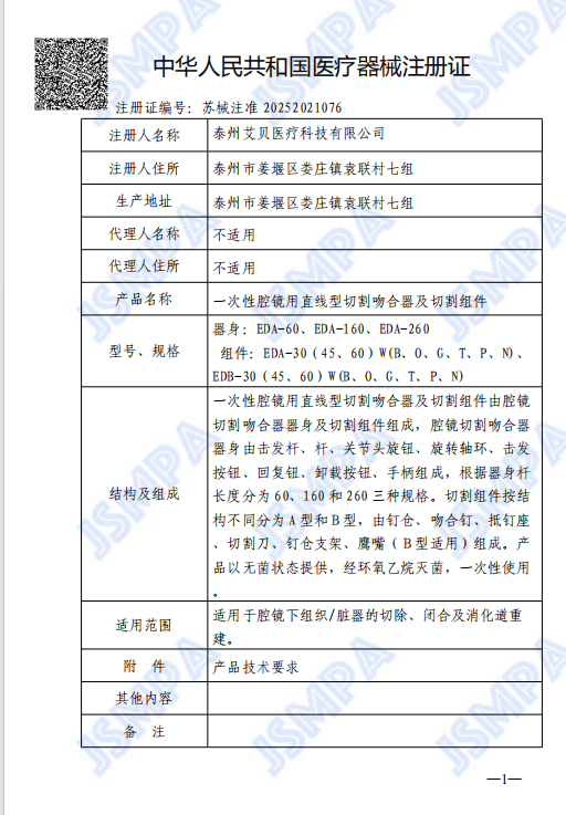 Medical Device Registration Certificate of the People's Republic of China