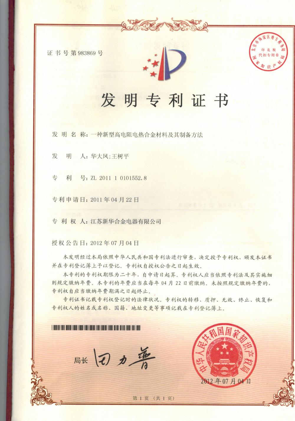 Patent certificate