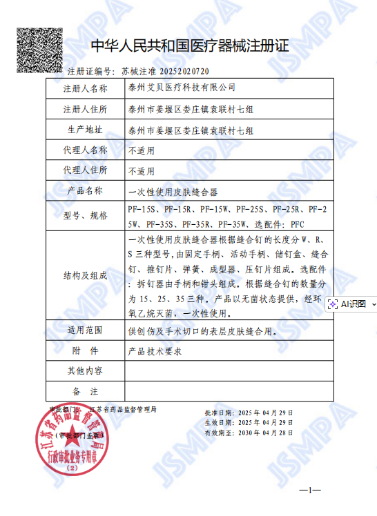 Medical Device Registration Certificate of the People's Republic of China