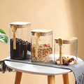 Wholesale Kitchen Glass Jar Glass Spice Jar Bamboo Wooden Lid Food Storage Container With Spoon1