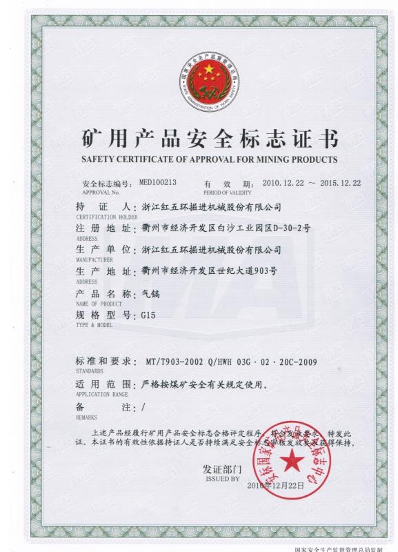 Safety Certificate of Approval for Mining Products