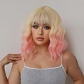 14 Inch Body Wave Blonde Mixed Pink Wig with Bangs - Heat Resistant Synthetic Wig for Women1
