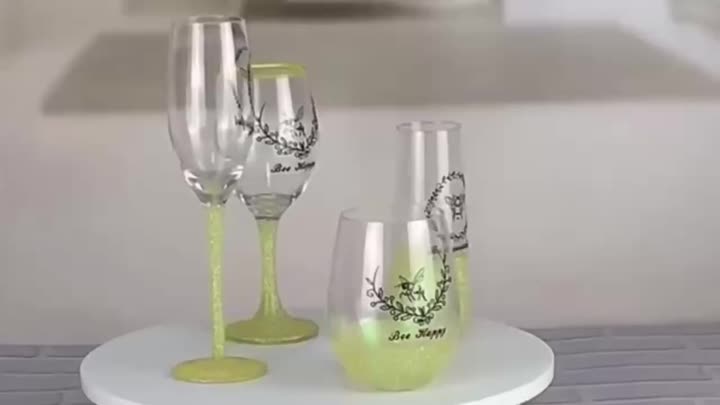 champagne flute glass bee design glitter glass set