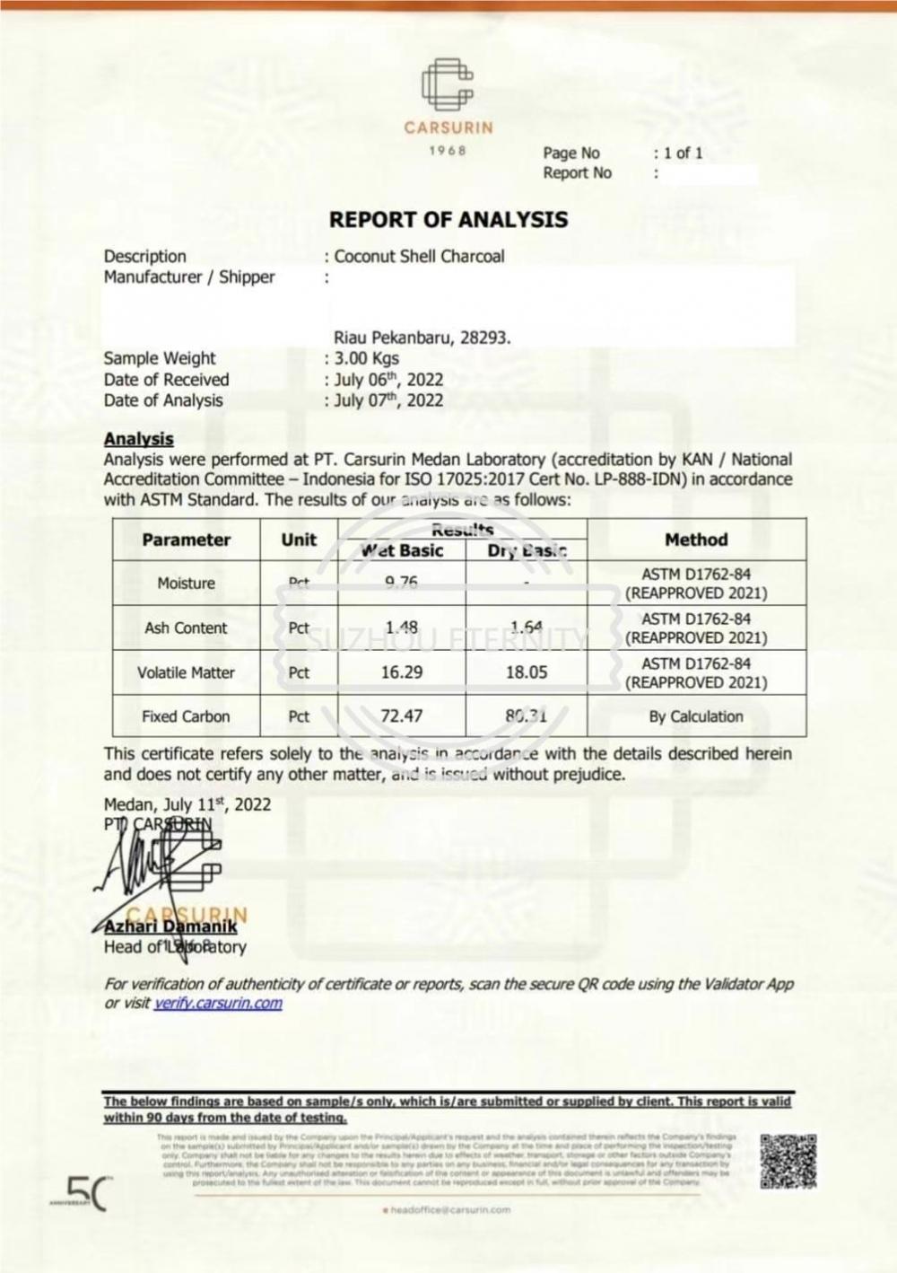 Coconut Shell Charcoal Test Report - Indonesian Resources