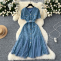 LE4800 Women's Floral V-Neck Metal Slimming Mesh Patchwork Lace Ruffled Dress1