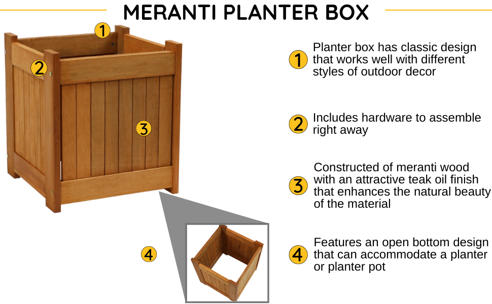 우드 Meranti Planter Box에는 화분이나 재배자 냄비를 수용 할 수있는 중공이있는 열린 바닥이 있습니다.