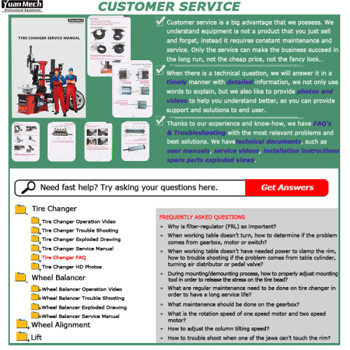 YuanMech Machinery Co Ltd. After-sales service introduction: Tire Changer; Wheel Balancer; Lift etc.