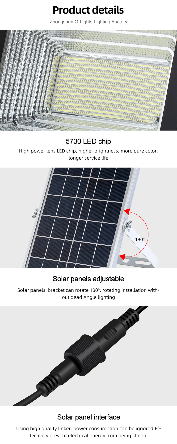 G-Lights Control de luz de alta potencia Ip67 Impermeable al aire libre ABS 25W 40W 60W 100W 200W Luz de inundación solar LED