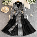 2025 New Season Senior Sense Socialite Plaid Knitting Waist Slimming A-Line Mesh Long Dress LW03861