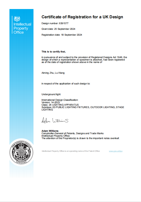 Certificate of Registration for a UK Design