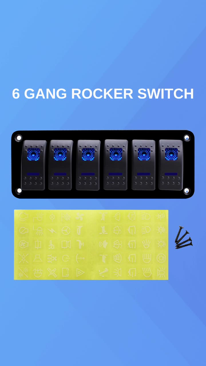 6 Gang Rocker Switch Panel de control azul Circuito LED Cargador Cargador Marine Barco1