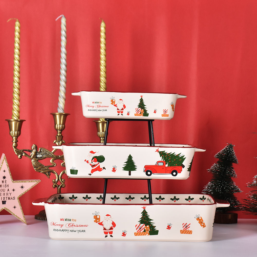 Navidad al por mayor rectángulo de porcelana de cerámica de 3 piezas para hornear bandeja para hornear