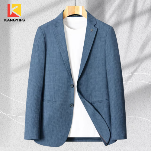 Light-Colored Textured Suit Jacket with Blue Design, Trendy Jackets