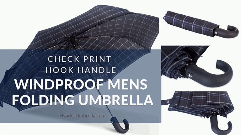 Windproof Mens Folding Umbrella Check Print Hook Handle