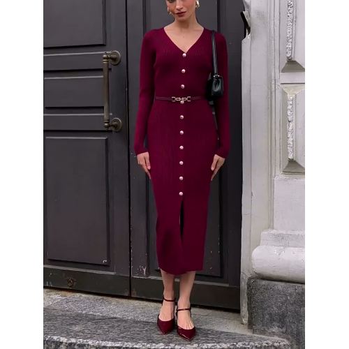 니트 드레스 러시아 유럽과 미국 여성복 초가을 새로운 긴 소매 싱글 브레스트 스웨터 맥시 드레스