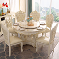 European dining table and chairs combination marble round table with turntable household solid wood carved dining table1