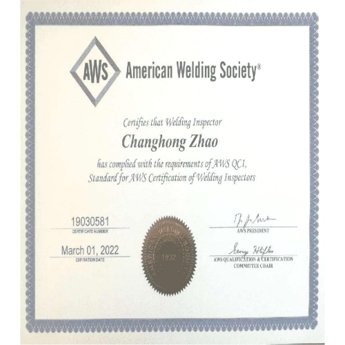 Jilin Zexin Industrial Development Co., Ltd. ganó la certificación American Standard AWS Welding