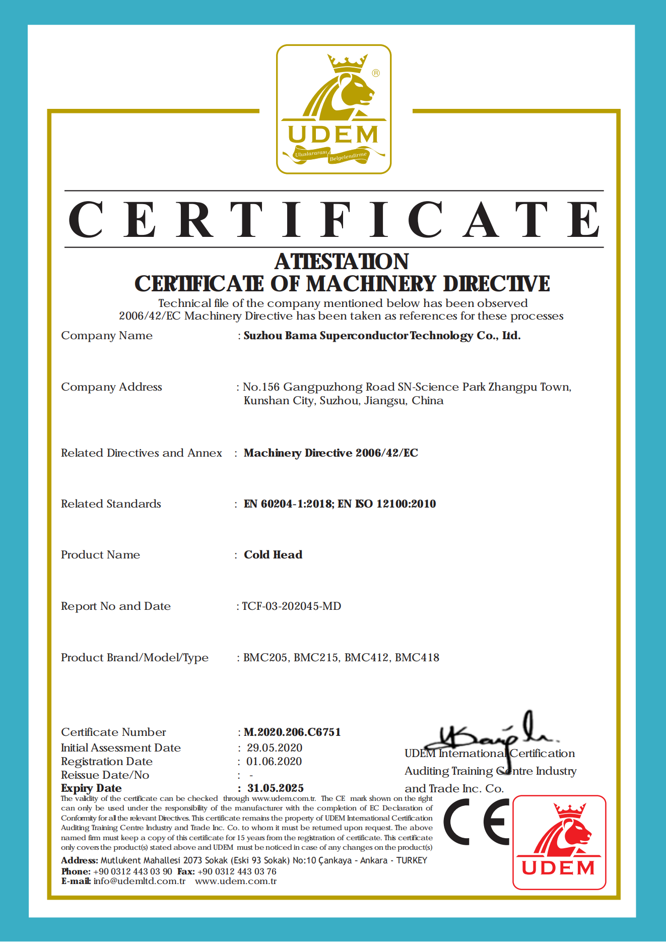 CERTEFICATE OF MACHINERY DIRECTVE