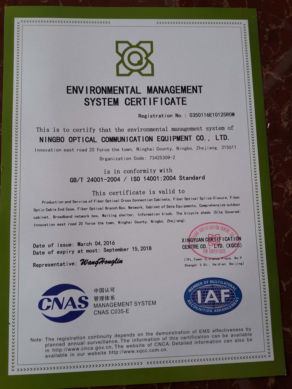 Environment Management System Certificate ISO14001:2004 