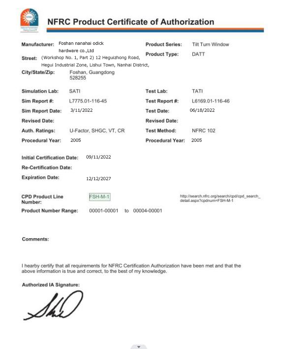 NFRC Product Certificate of Authorization