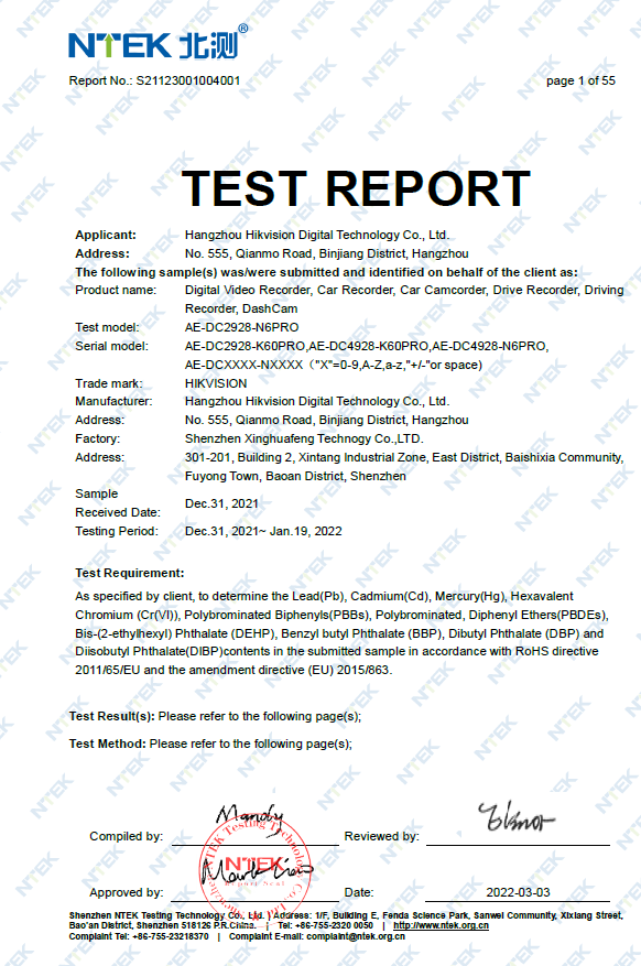Test Report of Driving Recorder (Dash Cam)