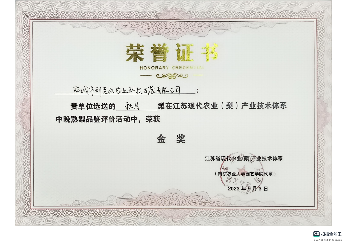 荣誉证书中晚熟梨金奖