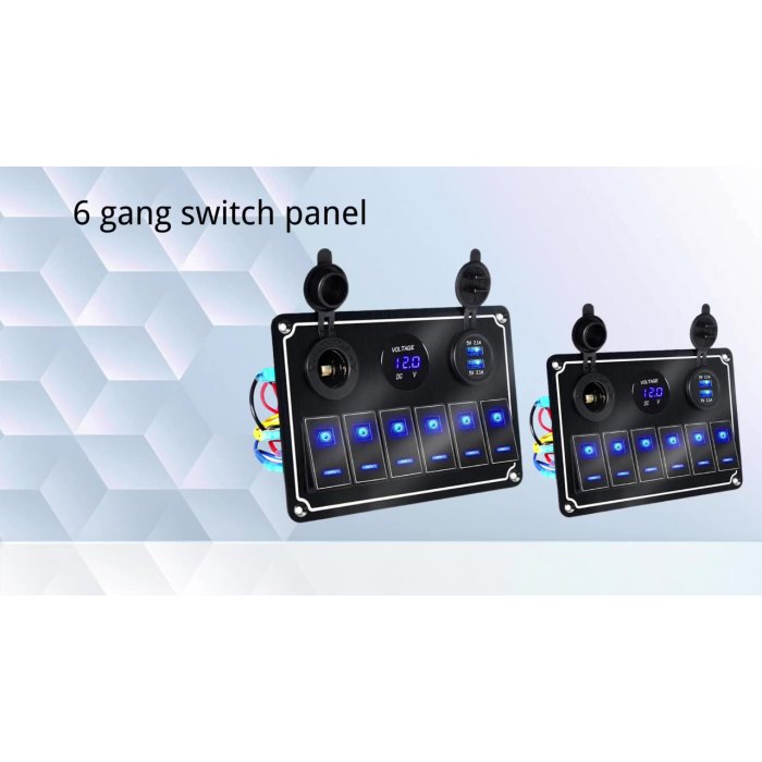 5 Gang Marine Rocker Switch Panel ON-Off Toggle Switch Panel Waterproof Blue LED Dual USB Socket Charger + Voltmeter1