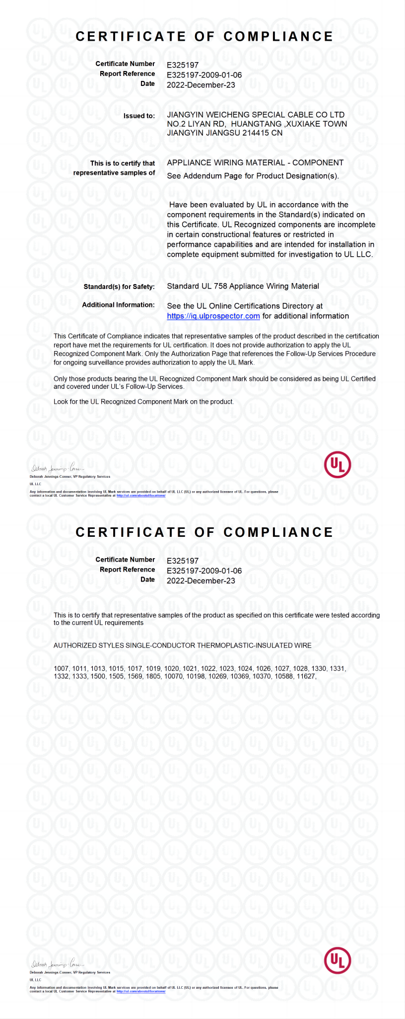 Standard UL 758 Appliance Wiring Material