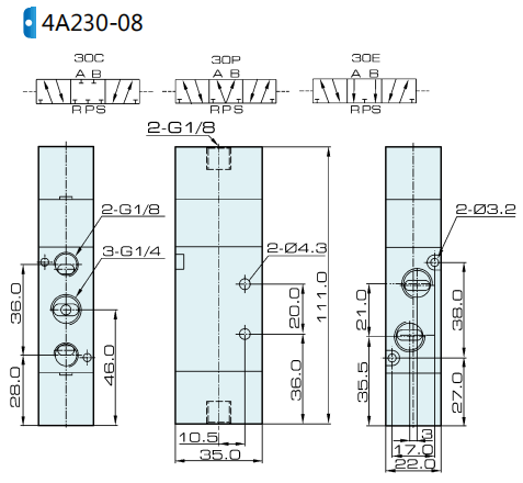 4A230C-08 4A230E-08 4A230P-08 Airtac 유형 5/3 웨이 에어 파일럿 밸브 0