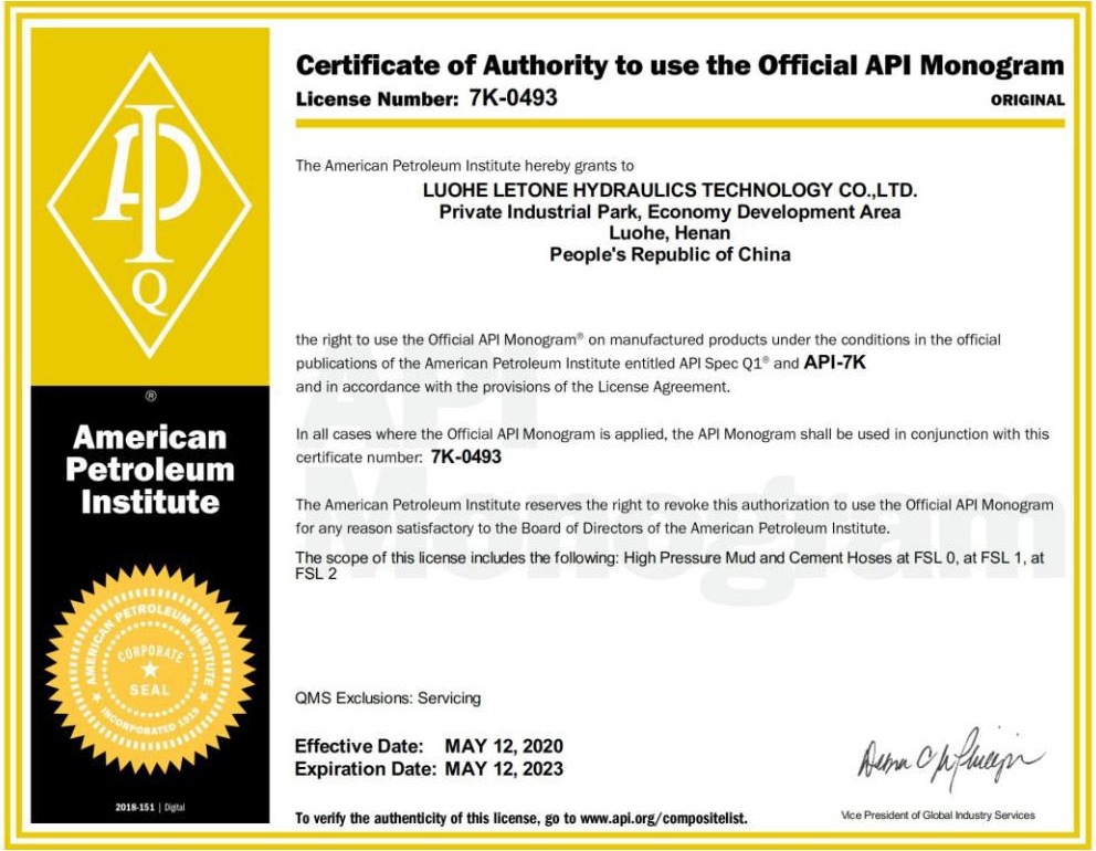 Certificate of Authority to use the Official API Monogram