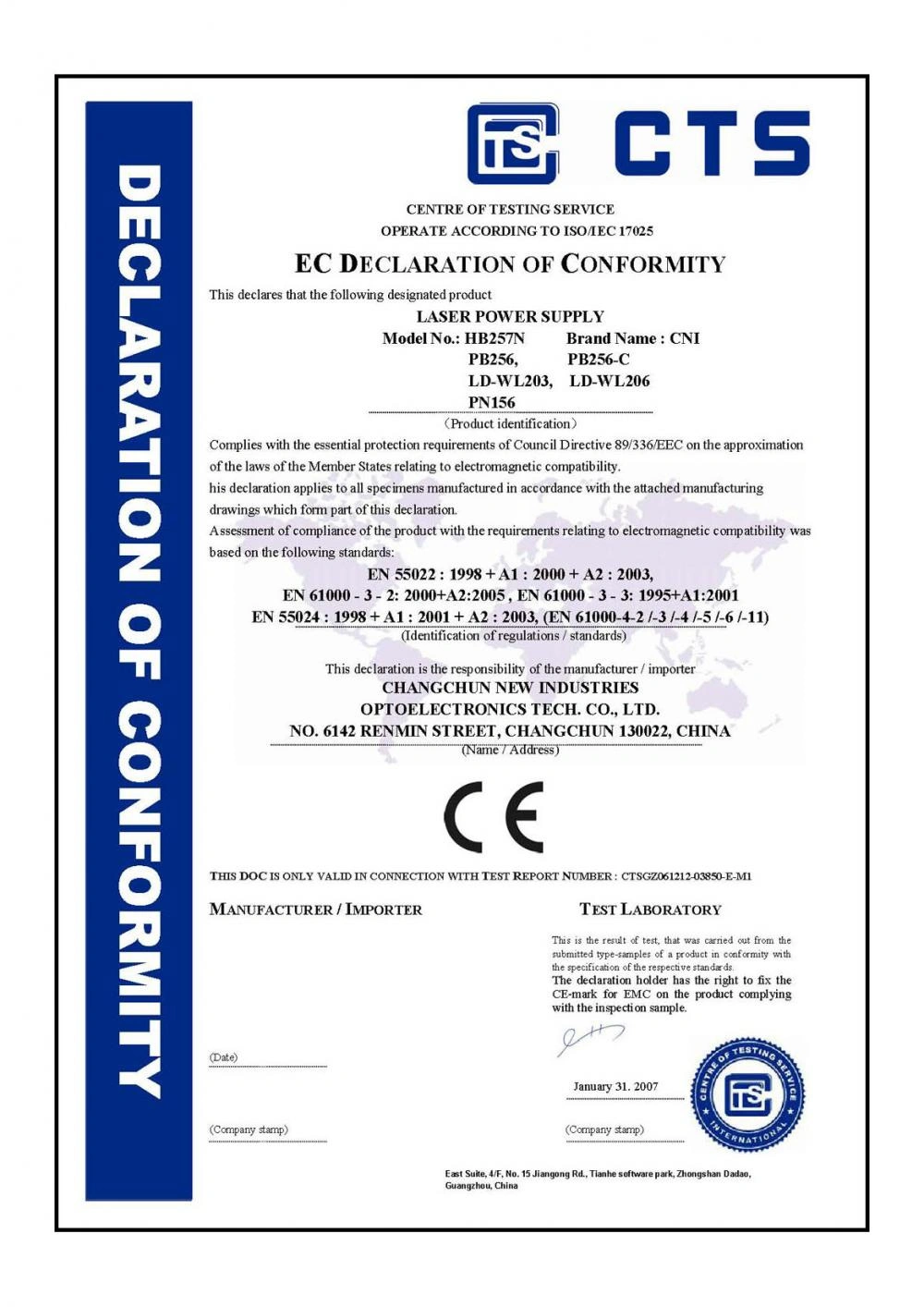 Certificates Changchun New Industries Optoelectronics Technology Co