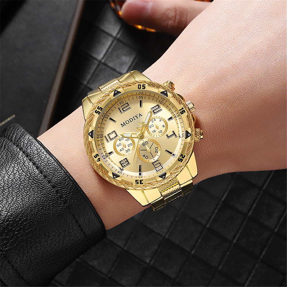 Gold Three Eyes Quartz Wrist Stainless Steel Watch For Men