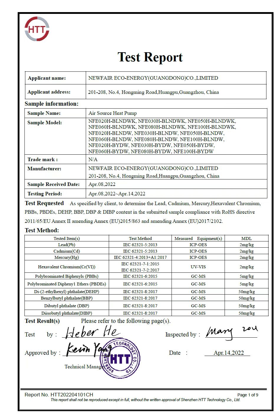 Air source heat pump test report